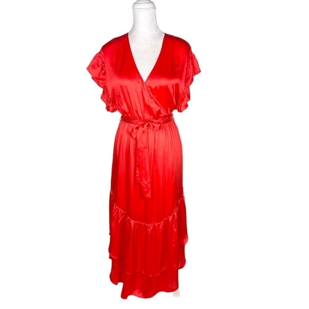 Saylor red ruffle v-neck belted silky midi maxi dress small flutter sleeve